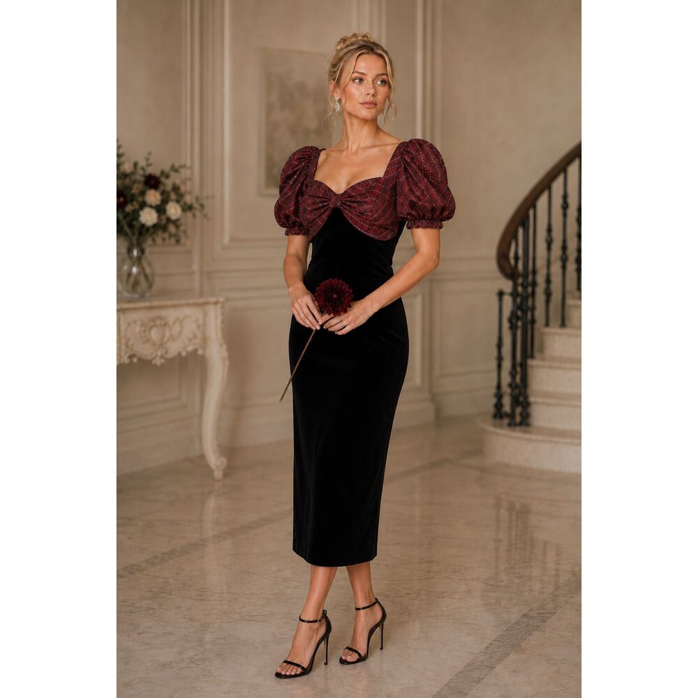 Vintage Scott McClintock Black Velvet Burgundy Plaid Puff Sleeve Dress Size 6